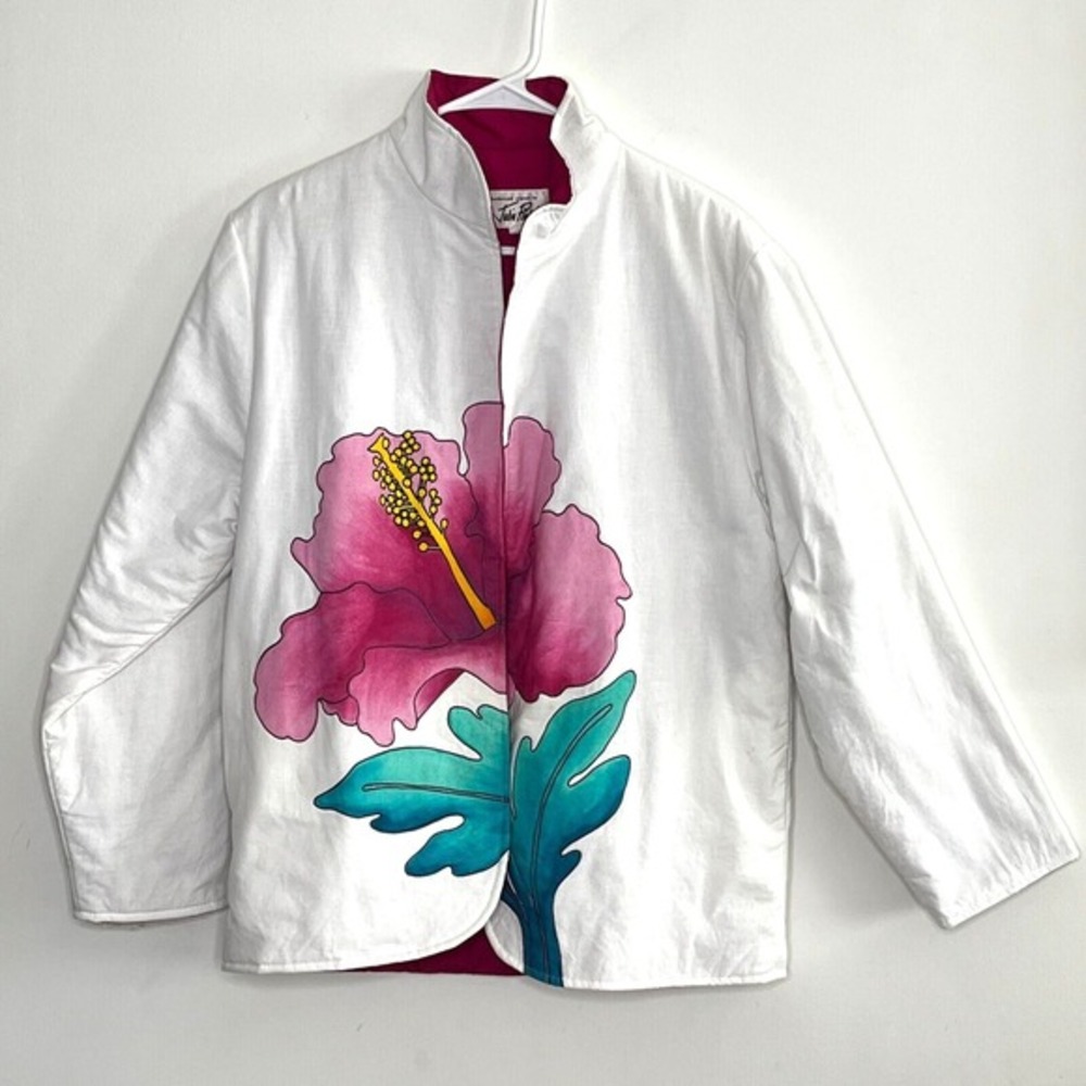 White Floral Painted Women's Jacket with Pink Hibiscus